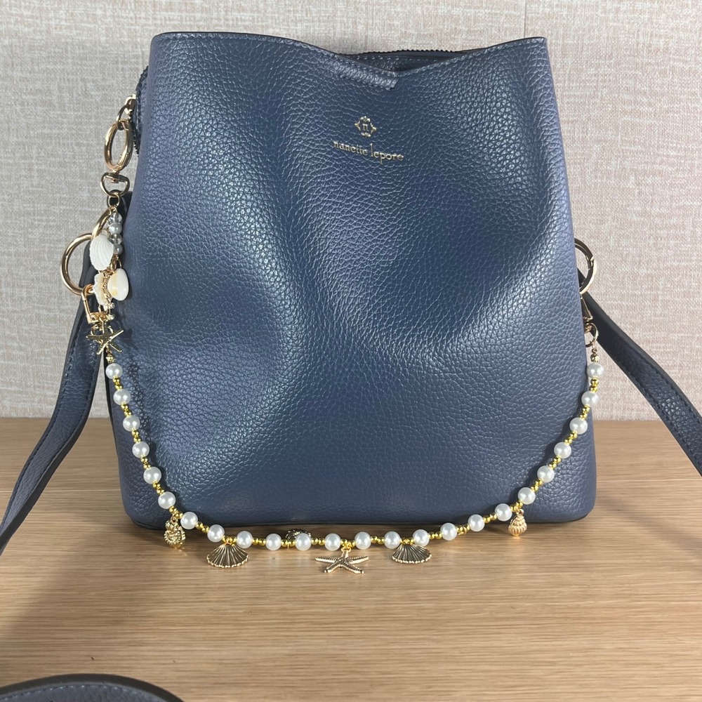 Nanette Lepore Blue Pebbled Crossbody Bucket Bag Nautical Shell Pearl Charms
